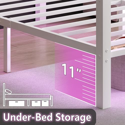 Full Size Bed Frame with Headboard Footboard Steel Slats USB Charging White