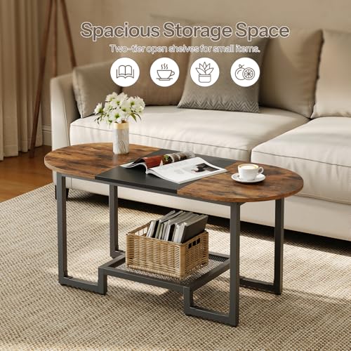HOOBRO Rustic Brown & Black Oval Coffee Table with 2-Tier Storage - Small Modern Center Table for Living Room & Bedroom