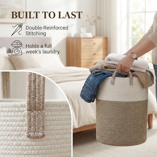Brown Cotton Rope Laundry Basket Hamper 80L - Collapsible & Tip-Resistant