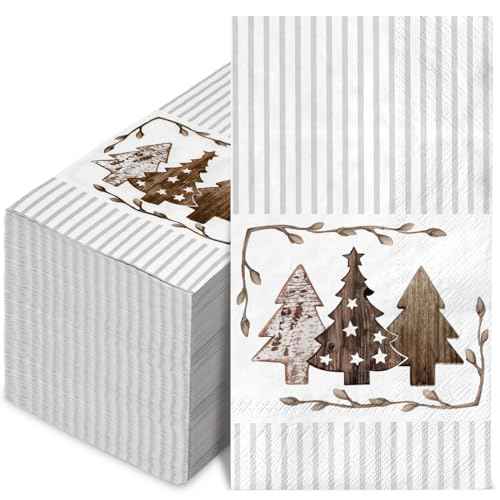 80 Pack Merry Christmas Guest Napkins Brown Grey Striped Christmas Tree Disposable Paper Napkin Xmas Holiday Party Dinner Decor Hand Napkin Towel for Home Kitchen Bathroom, 13 x 15.7 Inch