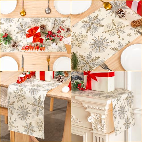 Christmas Winter Table Runner - Gold Silver Snowflake Decor 13x72 Inch
