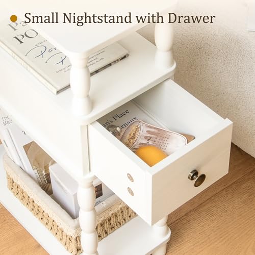 White Narrow End Table with Drawer - Small Side Table for Living Room & Bedroom
