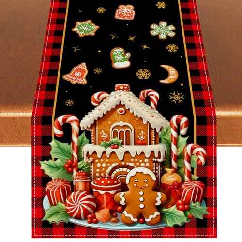 Merry Christmas Table Runner Christmas Gingerbread Tablecloth Christmas Xmas Winter Holiday Decorations and Supplies for Home Kitchen Table-13¡¿72''