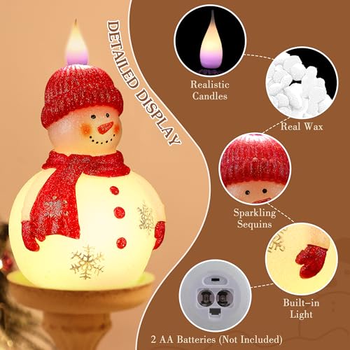 Meonum 1 Pack Snowman Flameless Candle Red – Battery-Operated Scented Wax Snowman with Timer