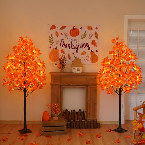 5FT Lighted Maple Tree with 96 LED & 192 Leaves - Fall Decor, Timer, Indoor Outdoor - 2 Pack Variation