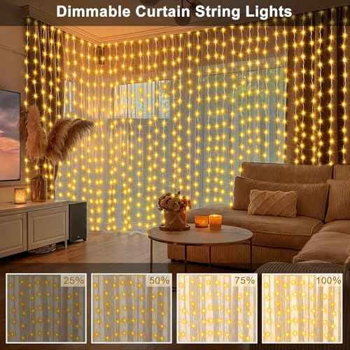 echosari Curtain Lights, 300 LED Fairy Curtain Lights with Remote Timer, USB Powered Copper Curtain String Lights 9.8Ft x 9.8Ft for Bedroom Window Christmas Wedding Decor (Warm White)