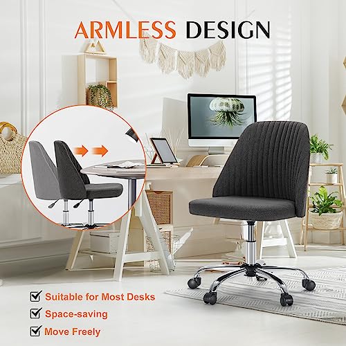 Sweetcrispy Deep Gray Armless Vanity Chair with Wheels - Small Office Desk Chair