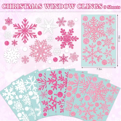 Whaline Pink White Glitter Snowflake Window Clings, 9 Sheets - Reusable Xmas Decor
