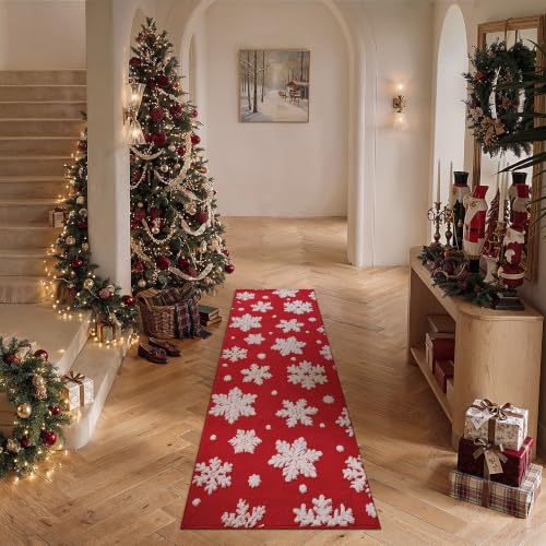 Hugear 2x5 Red Snowflake Christmas Runner Rug - 3D Snowflake, Medium Pile, Non-Slip