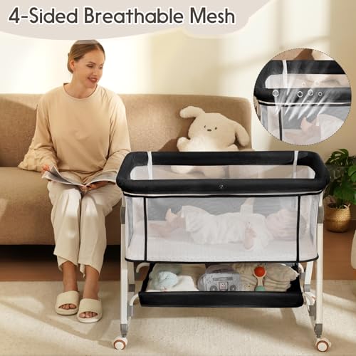 KOLOIO 3-in-1 Baby Bedside Bassinet with Storage Basket - Black