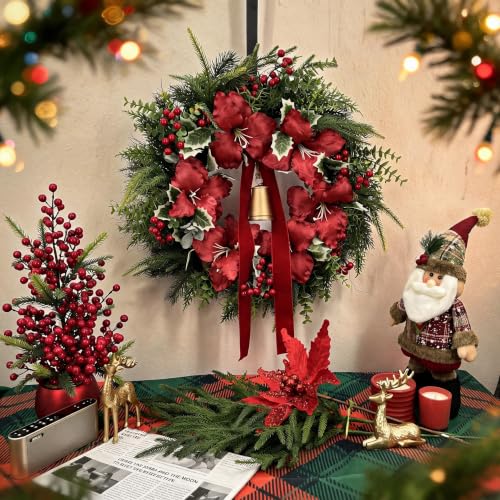 Outdoor Christmas Amaryllis Wreath with Gold Bell - 24 Inch Front Door Decor