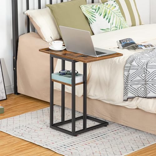 HOOBRO Foldable C Shaped End Table with Storage Shelf - Rustic Brown & Black, 15.4''L x 10.2''W x 25.2''H