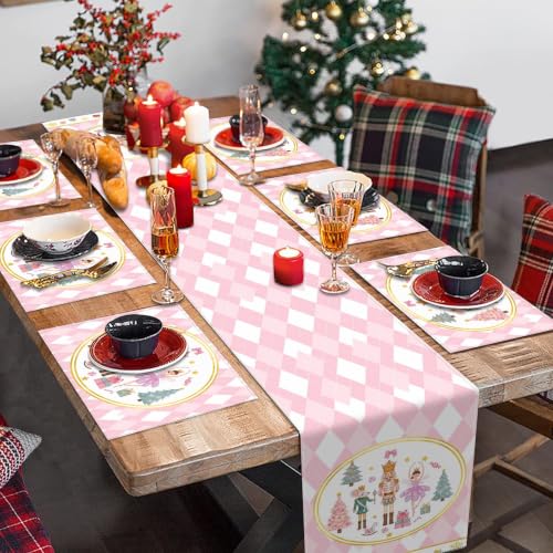 Emvency Christmas Pink Nutcracker Table Runner & Placemats Set of 6