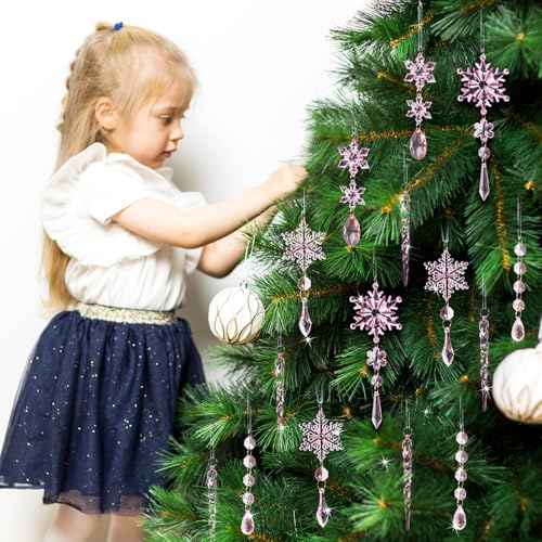 18pcs Crystal Christmas Ornaments for Christmas Tree Decorations-Pink Hanging Acrylic Snowflake and Icicle Ornaments with Drop Pendants for New Year Party Decorations Supplies