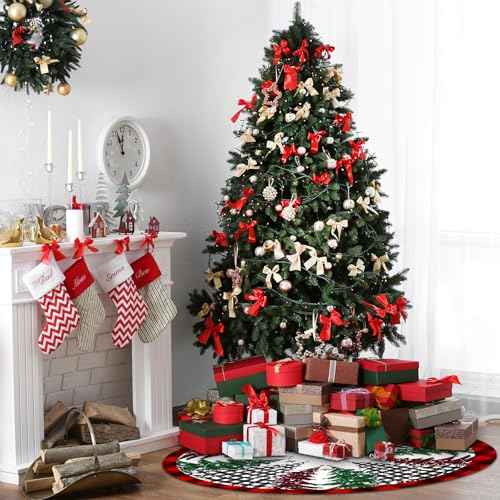 Pines Christmas Tree Skirt 48 Inch, Large Red Black Buffalo Plaid Xmas Tree Skirts, Winter Holiday Tree Mat Decoration