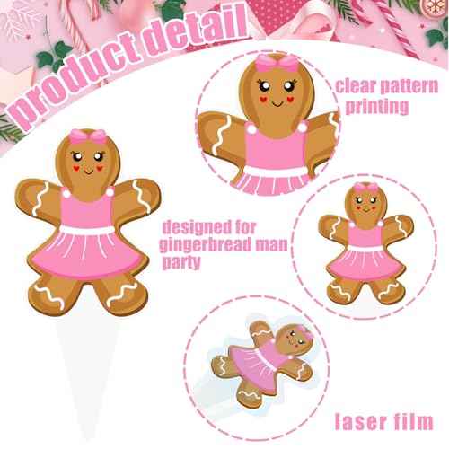 Pink Christmas Gingerbread Cupcake Toppers 48PCS Gingerbread Man Cake Decorations Candy Xmas Tree Cupcake Picks Christmas Party Decorations for Winter Holiday Baby Shower Birthday Supplies