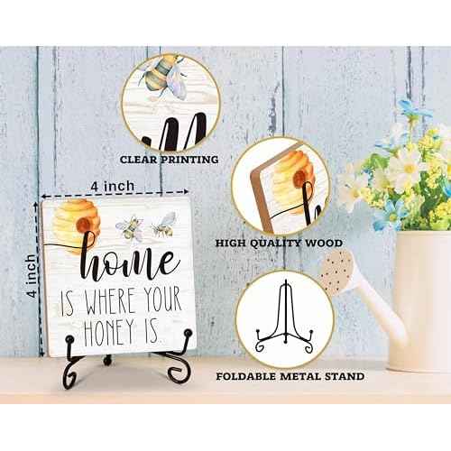 Honey Bee Decor Desk Sign, Home is Where Your Honey is Wood Sign, Wooden Plaque Sign With Iron Stand, Honey Bee Gifts for Bee Lovers, Bee Decorations for Farmhouse Home, Bee Kitchen Decor -80