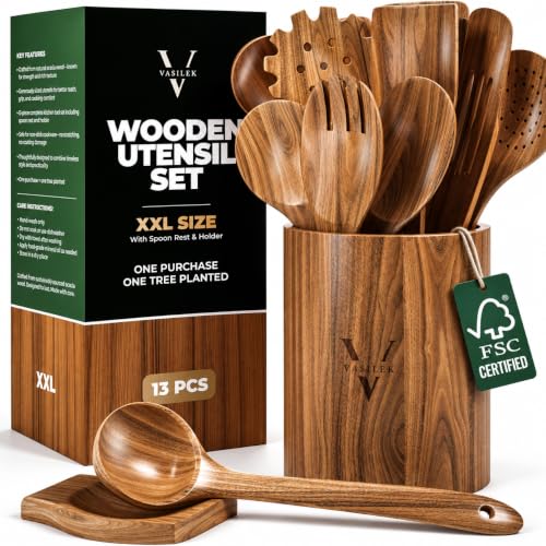 XXL Wooden Utensil Set 13-Piece with Round Holder & Spoon Rest - Acacia Kitchen Tools