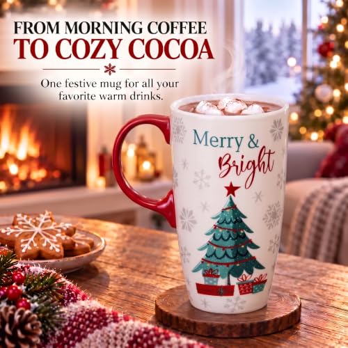 Topadorn 17oz Christmas Tree Ceramic Travel Mug with Lid - Merry & Bright