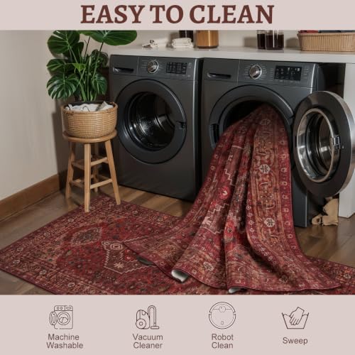 Dark Red 5' x 7' Washable Area Rug for Living Room - Non Slip Vintage Oriental