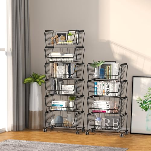 Matte Black 6-Tier Tall Stackable Wire Storage Baskets with Wheels - Vertical Utility Cart