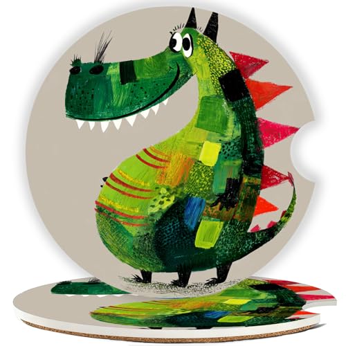 Ceramic Car Cup Holder Coasters Set of 2, 2.56 in Green Dinosaur