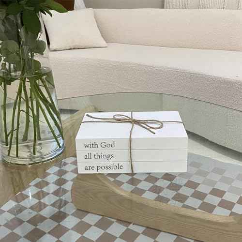 Decorative Books for Home Decor, White Faux Books for Decoration, Rustic Farmhouse Stacked Display Books (with God All Things are Possible)