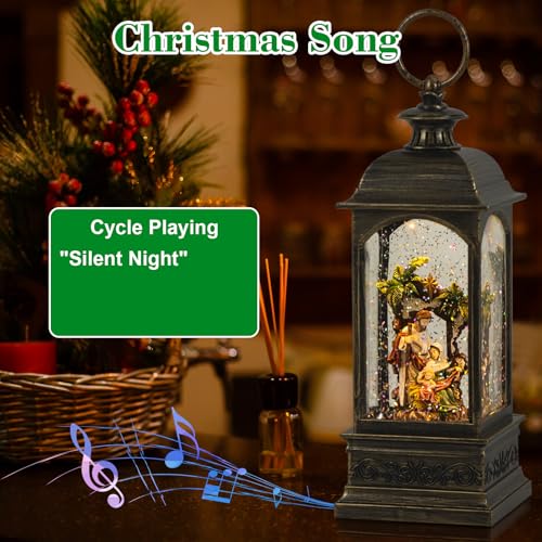 Eldnacele Bronze Nativity Snow Globe Lantern with 6 Hour Timer - USB/Battery Operated