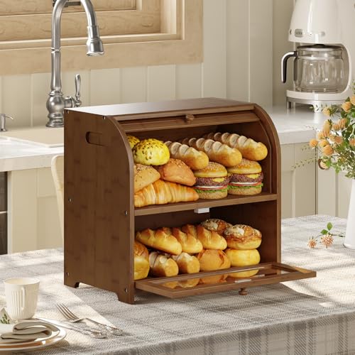 Brown Bamboo Bread Box for Kitchen Countertop, 2-Tier Roll-Top Food Storage