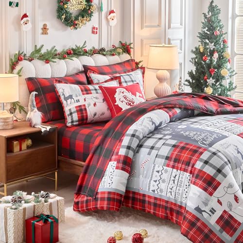 Christmas 7-Piece King Comforter Set with Red Gray Plaid Deer Snowflake - Bed in a Bag