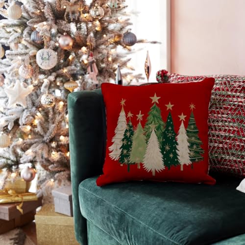 RABUSOFA Christmas Tree Pillow Cover 18x18 Red Stars, 18x18in, Hidden Zipper