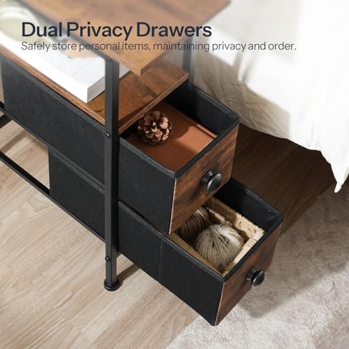 HOOBRO Rustic Brown & Black Narrow End Table with Charging Station - 7.8"L x 18.9"W x 23.6"H, 2 Drawers, Slim Nightstand for Small Spaces