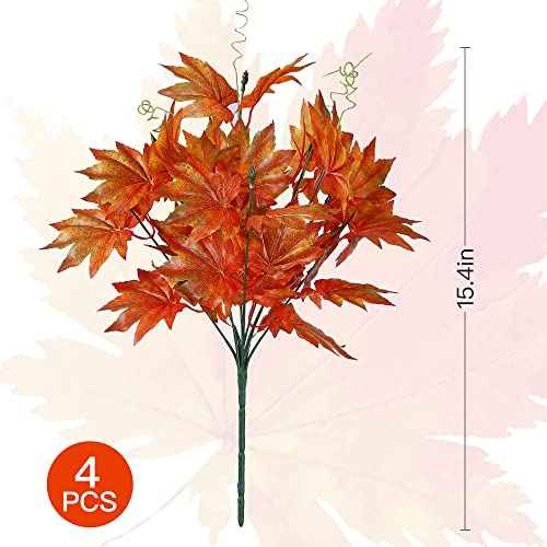 Sggvecsy Artificial Fall Maple Leaves Branches Autumn Fake Shrubs Silk Maple Leaf Bushes Autumn Faux Plants Fall Leaves Stem for Indoor Outdoor Home Table Centerpieces Thanksgiving Decoration, 4 Pcs