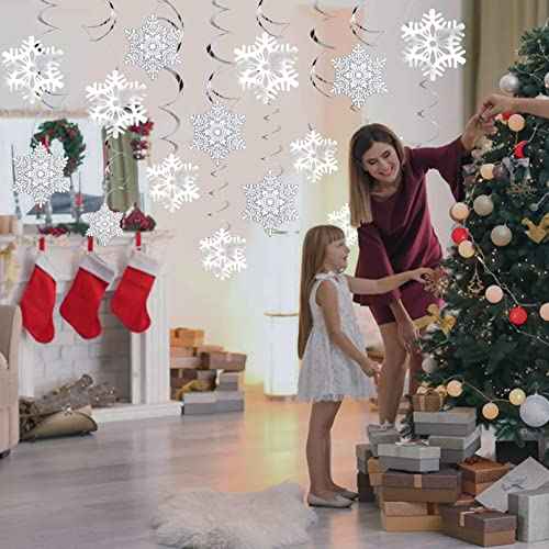 Ouddy Life 51 Pcs Christmas Snowflake Swirl Hanging Decorations, White Silver Snowflake Ornaments Decorations for Christmas New Year Holiday Winter Wonderland Frozen Theme Birthday Party Decorations