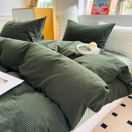 PinkMemory Green Striped Duvet Cover Set Queen Full 3pcs Olive Green Cotton