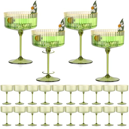 Sage Green 24-Pack Gold Rim Plastic Coupe Glasses 10oz - Vintage Cocktail Set