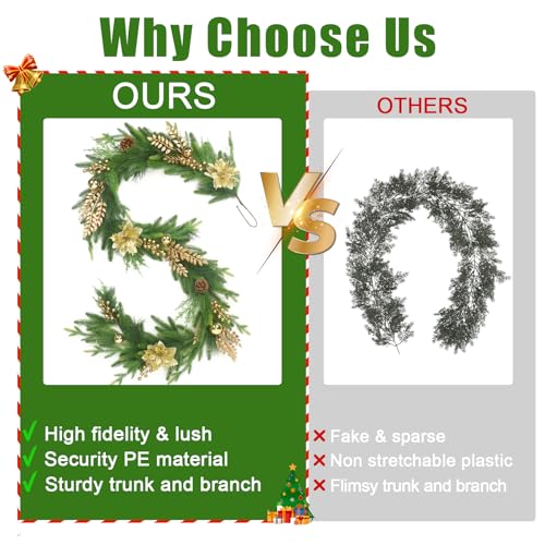 6ft Norfolk Pine Garland with Gold Flowers - Premium Indoor/Outdoor Christmas Greenery