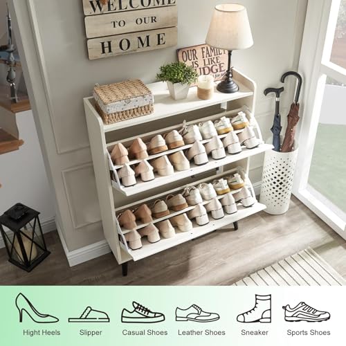 Antique White Barnyatoh Shoe Storage Cabinet with 2 Flip Drawers, Hidden Shoe Organizer