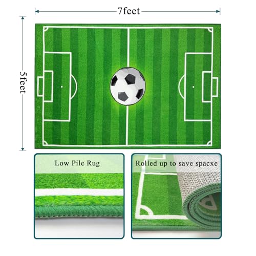 Soccer Field Rug 5x7 ft - Non-Slip Boys Bedroom Decor, Washable Kids Playroom Mat