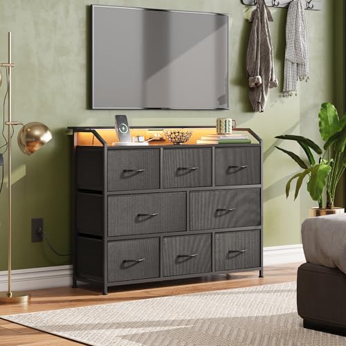WLIVE Black LED Dresser with 8 Drawers, Outlet & USB Charging Station
