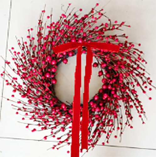 iWREATH 20 Inch Red Berry Christmas Wreath with Bow - Festive Front Door Decor