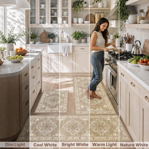 Beige Cream 3-Piece Kitchen Rug Set with Runner, Non-Slip Boho Mat, Washable Low Pile