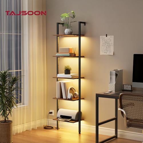 Wall Mounted Ladder Bookshelf with Light - Rustic Brown, 5 Tiers