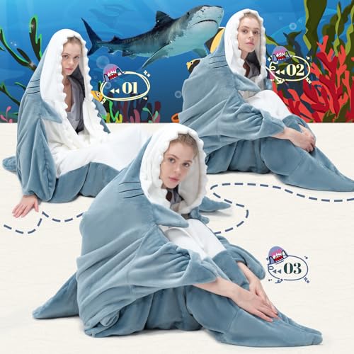 Adult Shark Blanket Hoodie Blue L for 63-71 Inch Height Cozy Wearable Throw