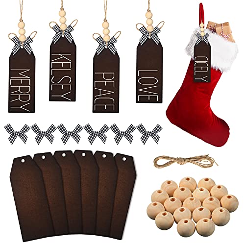 Jetec 6 Pieces Christmas Wood Stocking Name Tags DIY Stocking Signs Personalized Farmhouse Name Tag with Buffalo Check Bows for Christmas Closet Xmas Hanging Decoration (Dark Color)