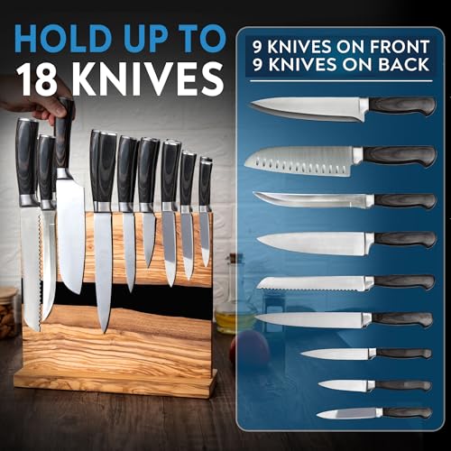 Black Olive Wood Magnetic Knife Block Stand - Holds 18 Knives & Kitchen Tools
