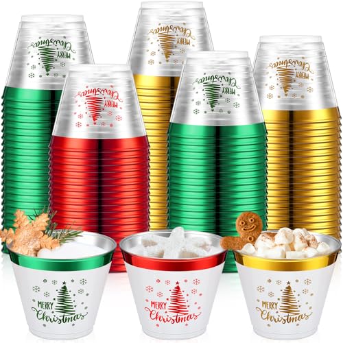 Jingmore 180 Pack Christmas 9oz Plastic Cups - Red, Green, Gold Holiday Party