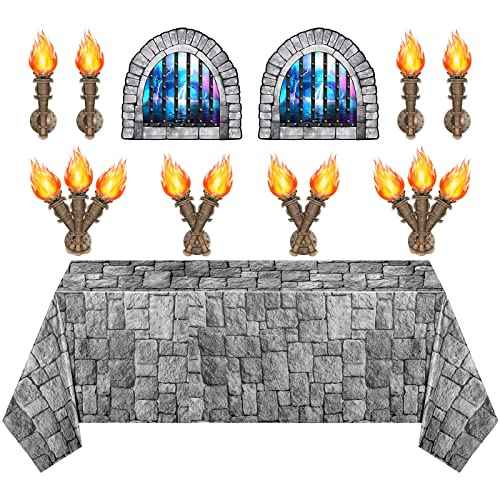 Zonon 11 Pcs Medieval Scene Setter Set Window Torch Props Plastic Brick Tablecloth Knight Themed Castle Decorations Medieval Party Decorations for Party Accessory(Dazzling Window)