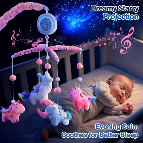 Pink & White Unicorn Baby Crib Mobile with Music Box - 100+ Lullabies & Starry Sky Projection