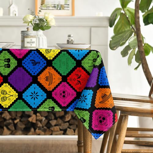 Horaldaily 60×120 Inch Mexican Fiesta Tablecloth Rectangular Black Party Cover